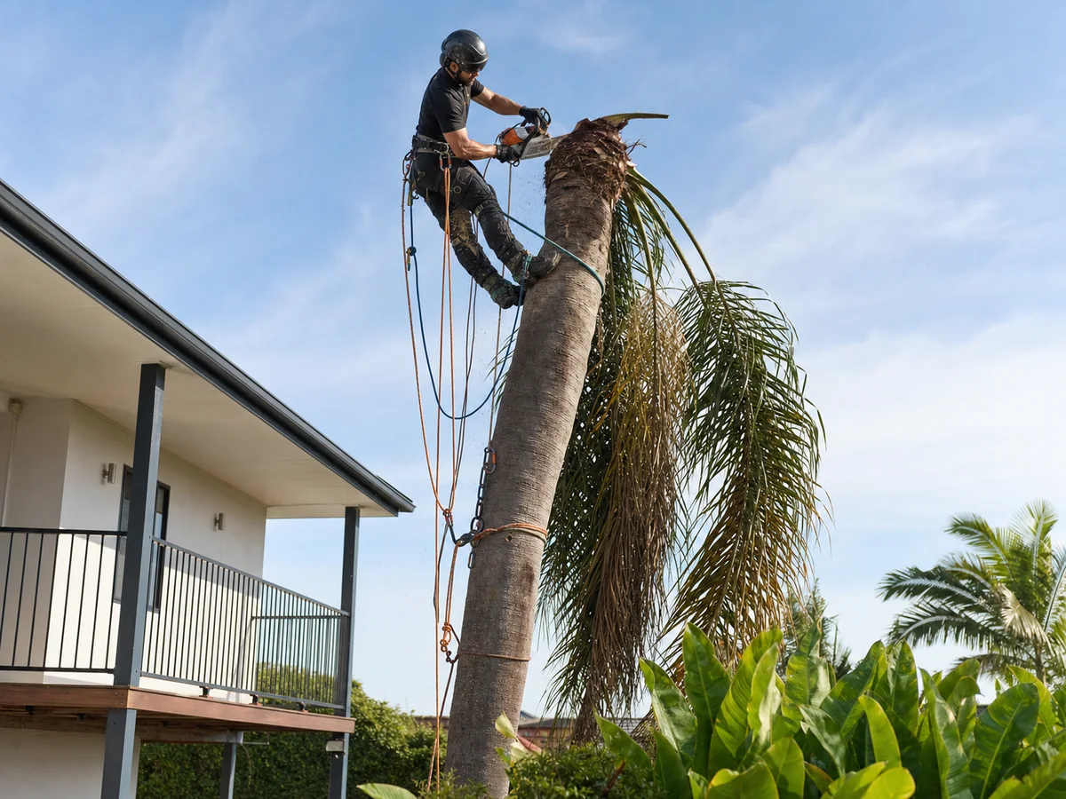 Palm Tree Removal Brisbane Qualified arborist safely removing a palm tree in Brisbane