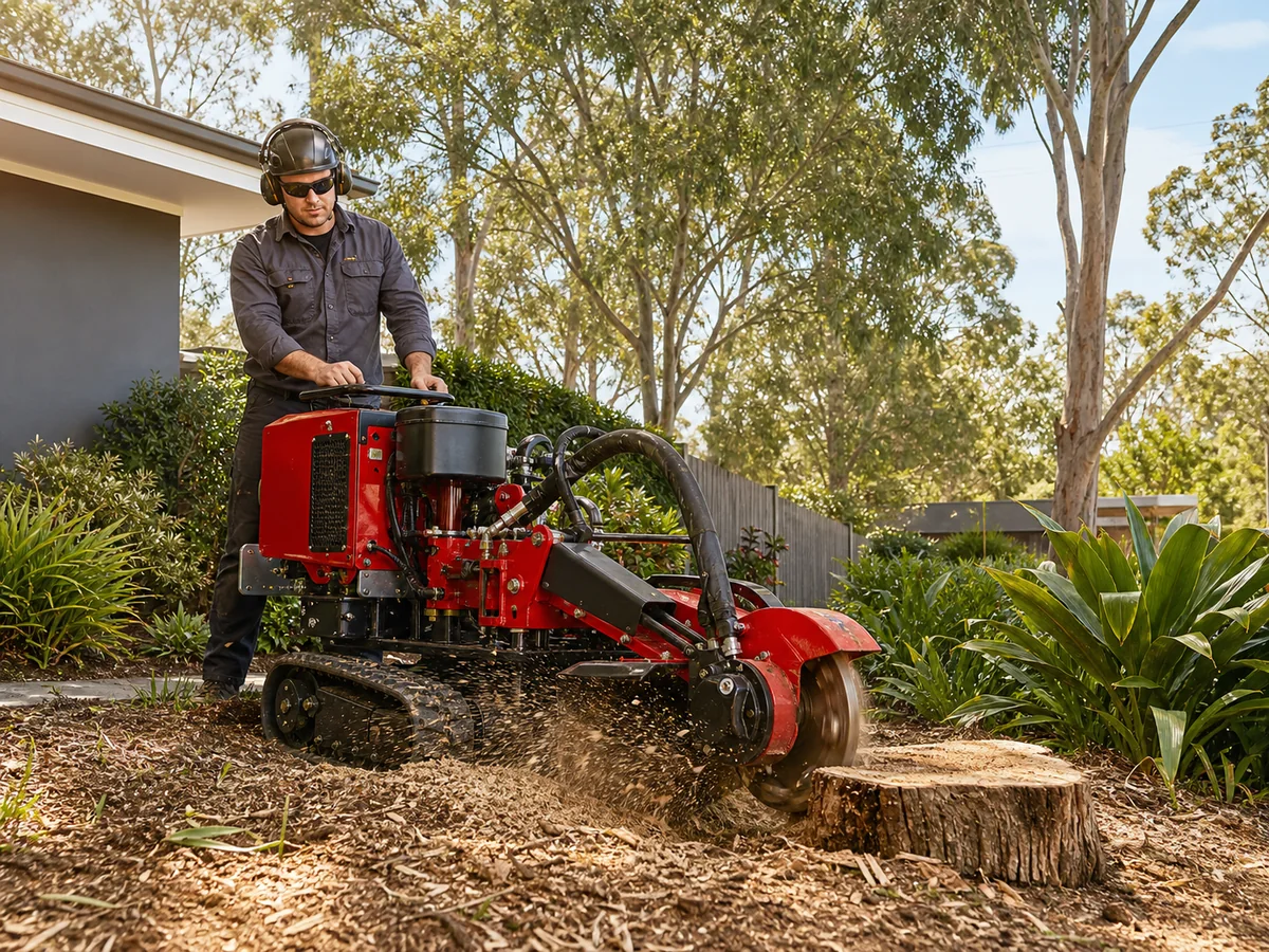 Stump Grinding Brisbane Arborist operating a stump grinder at a Brisbane property