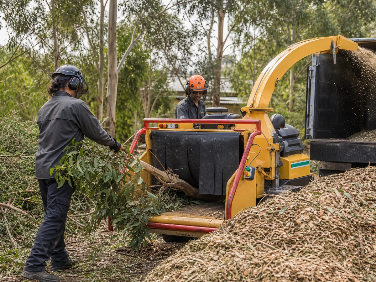 Tree Mulching Brisbane Brisbane arborist crew producing garden mulch with a wood chipper